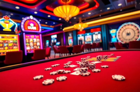 Engaging scene of players enjoying poker at UU88 casino with vibrant chips and cards.