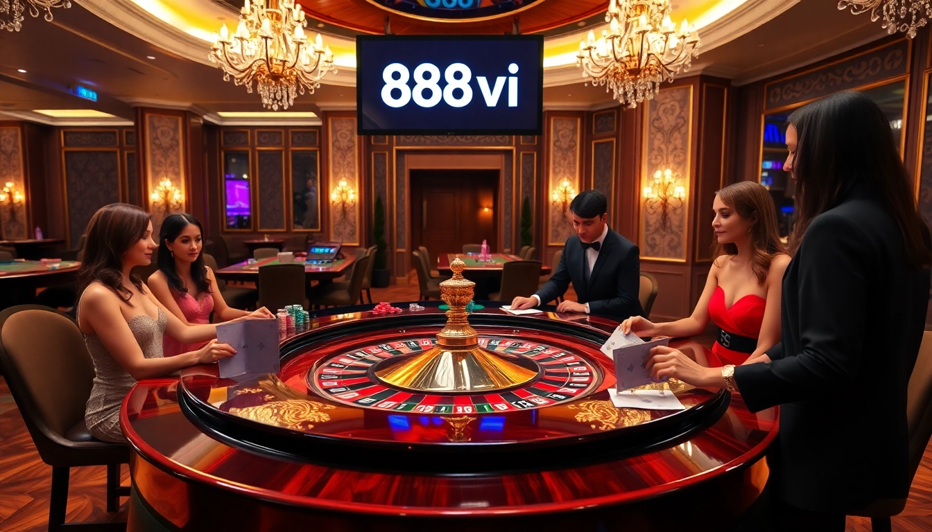 Players enjoying high-stakes action at the 888vi roulette table in a luxurious casino setting.