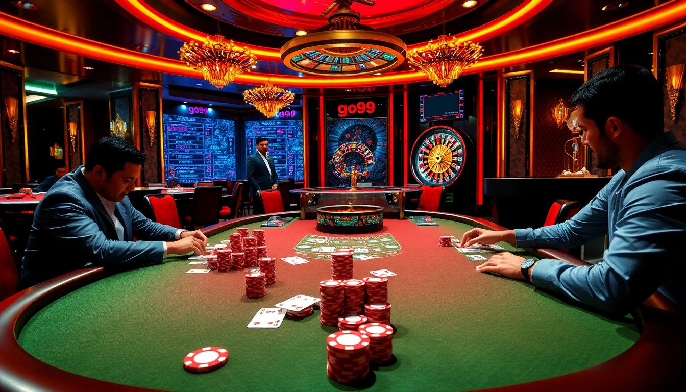 Engage in a thrilling poker game at go99 casino with colorful chips and an exciting atmosphere.