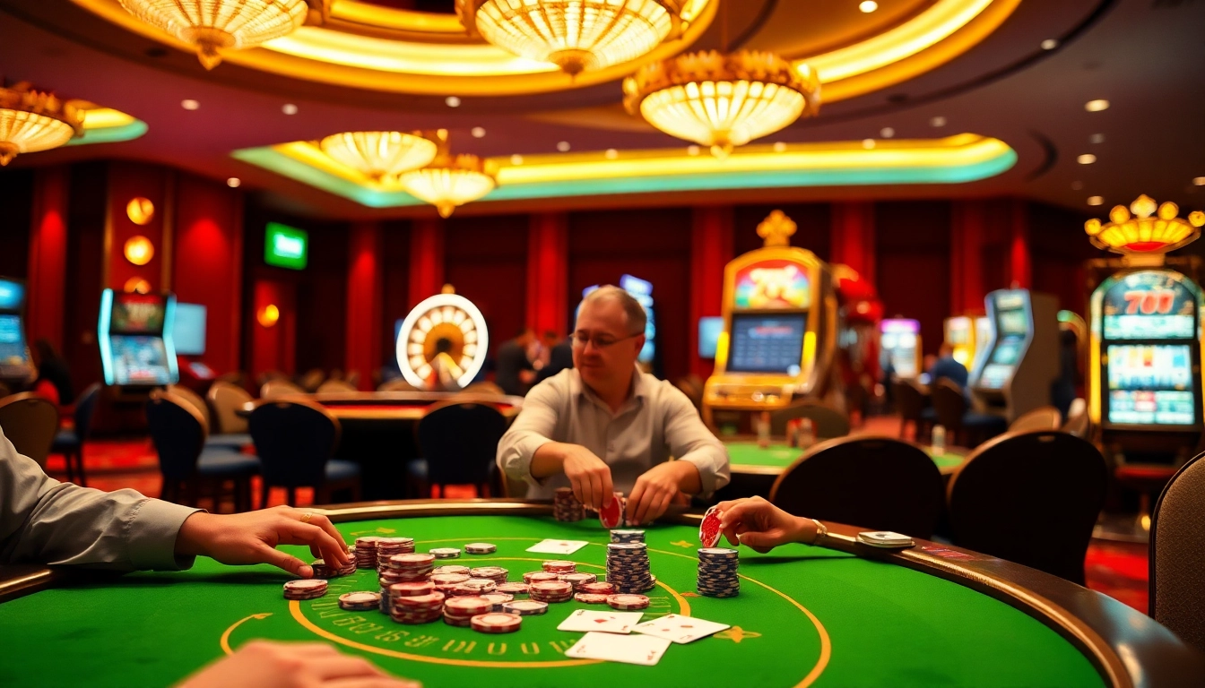Experience the excitement of 789win with players enjoying vibrant casino games in a luxurious setting.