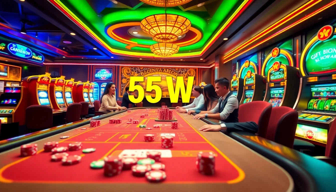 A thrilling scene at 55WW online casino, showcasing vibrant gaming action with poker chips and players.