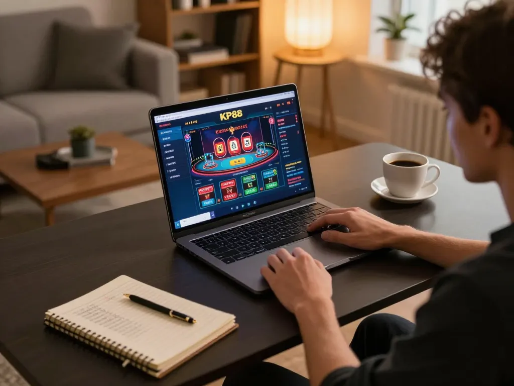 Engaged player using KP88 for online casino games, showcasing a cozy gaming setup.