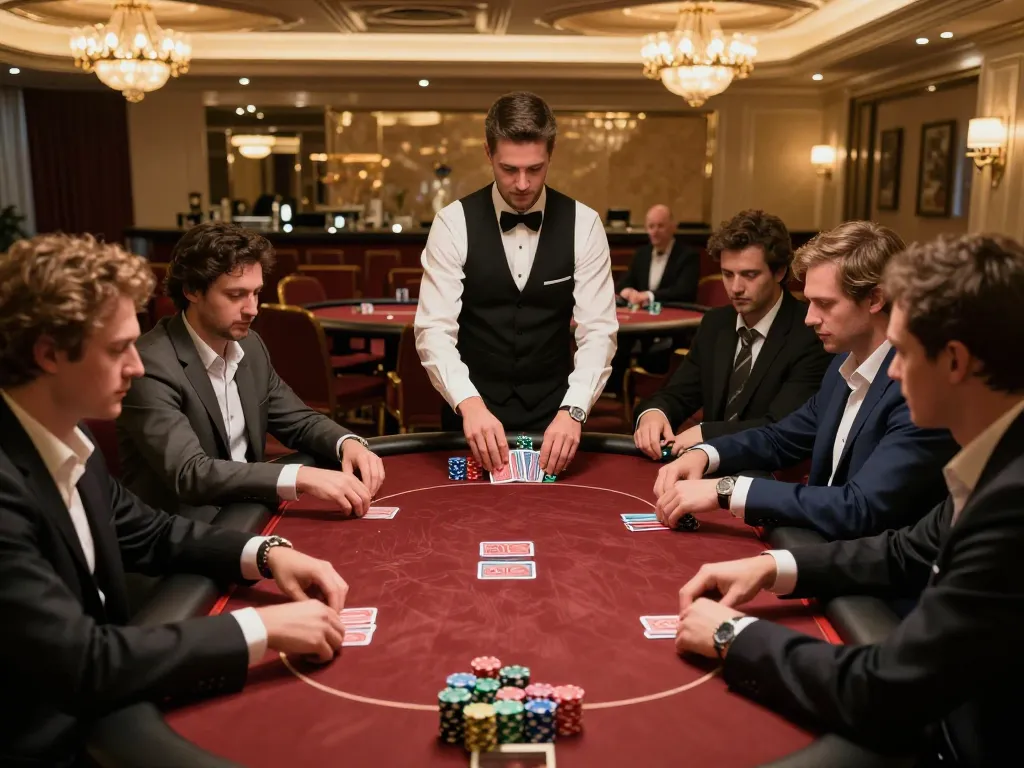 VIN88 poker players engaged in a high-stakes game at a luxury casino table, showcasing strategic gameplay