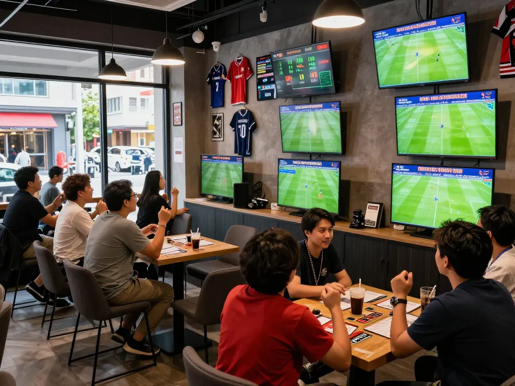 Fans engrossed in kèo bóng đá trực tuyến at a lively sports betting lounge.
