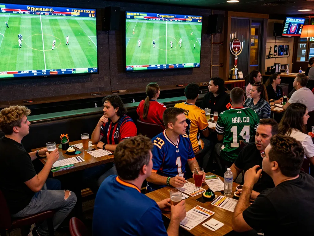Excited sports fans engaging with tỷ lệ kèo nhà cái at a lively sports bar during a live match.