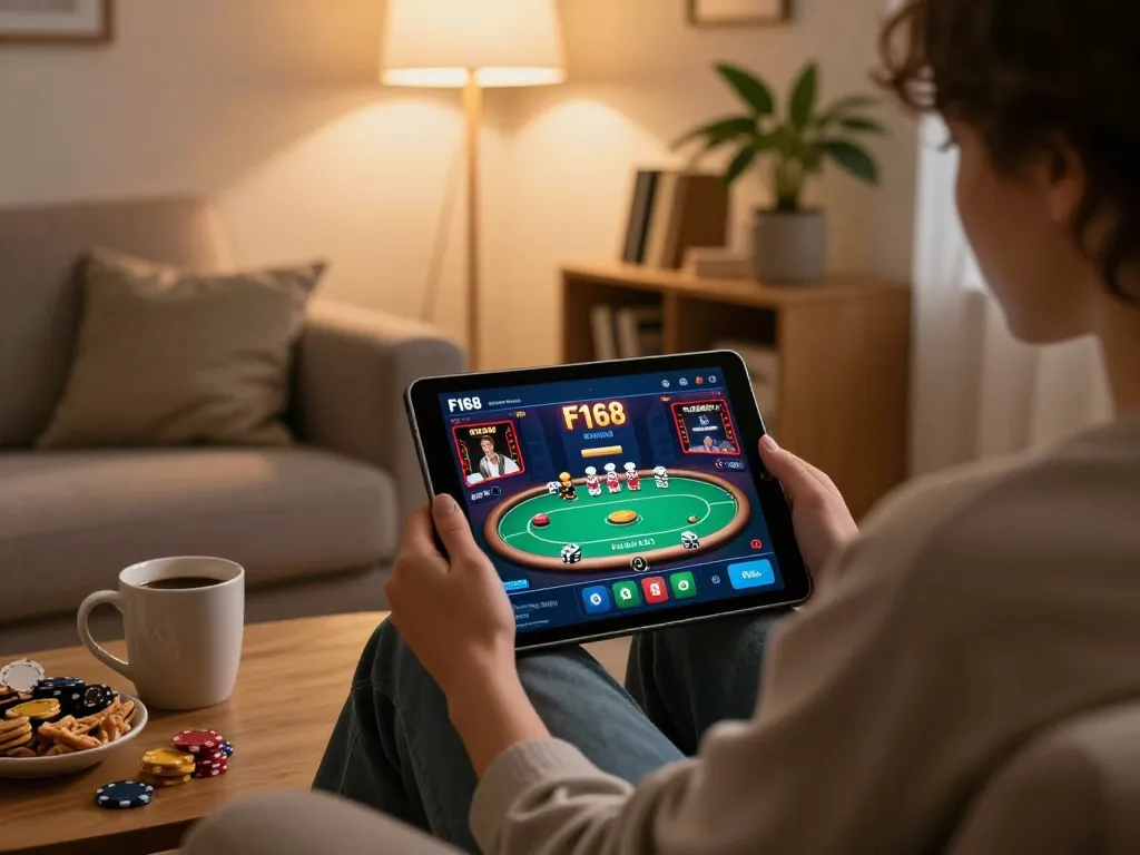 F168 user engaging in online poker on a tablet in a cozy home setting.