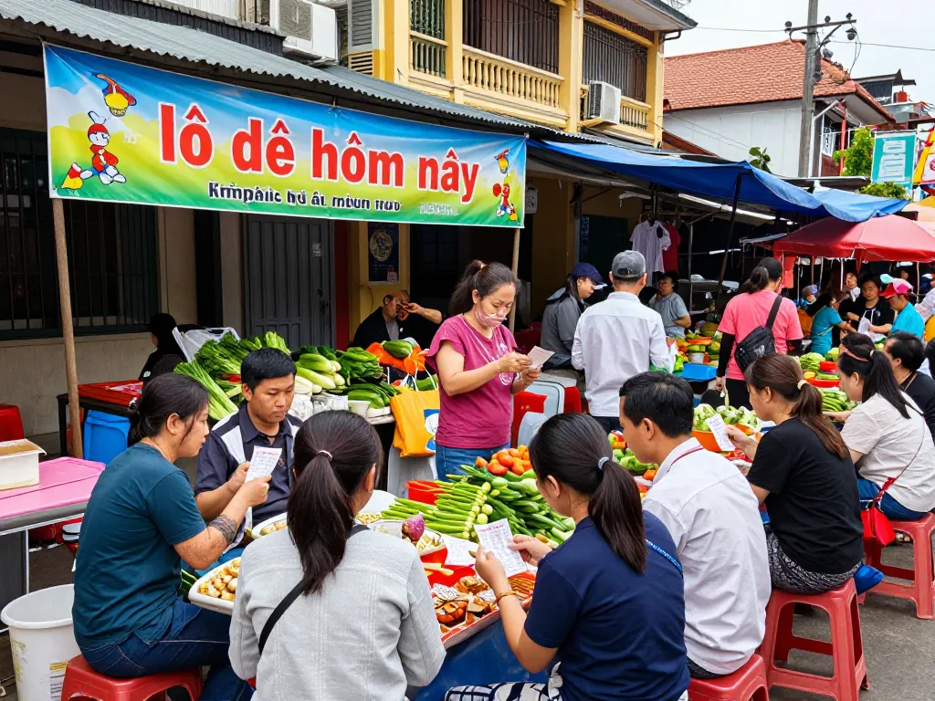 Engaging scene at a Vietnamese market discussing lô đề hôm nay, featuring street vendors and colorful banners.