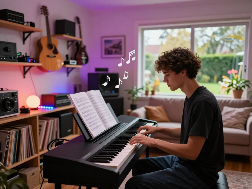 Melodic moment at home with the GO 88 digital piano creating an inviting music space.
