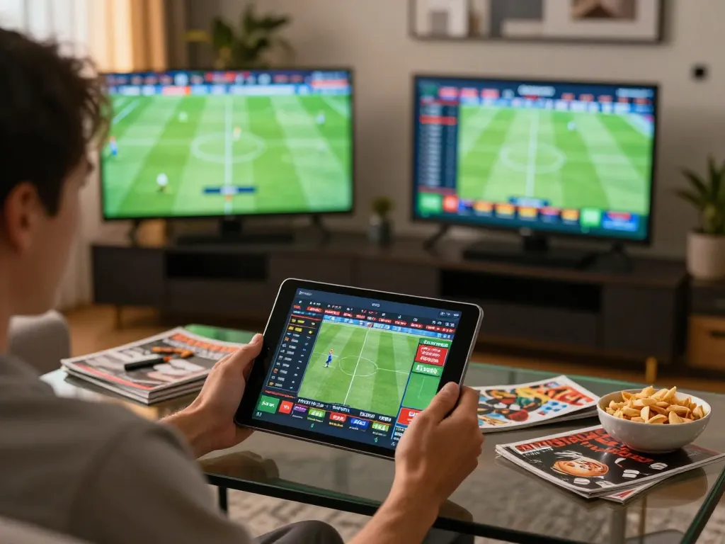 Experience thrilling sports betting with 56 WIN in a cozy home setting, featuring a live match on tablet.