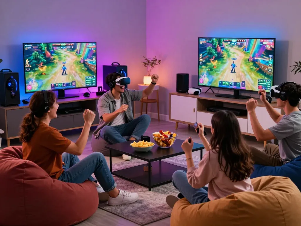 Friends enjoying gaming at 79King.com with vibrant atmosphere and modern setup.