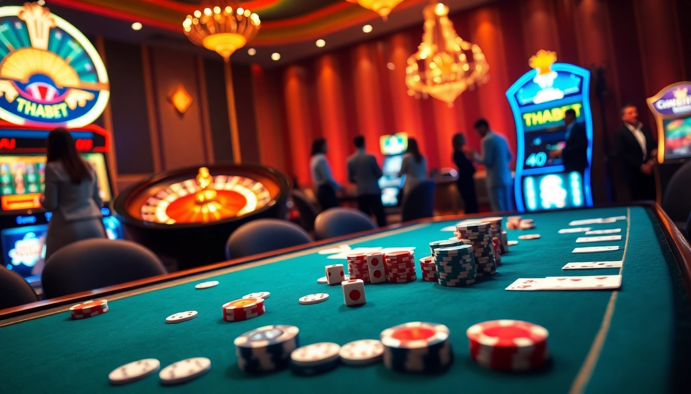 THABET's engaging casino scene showcasing lively gameplay with poker chips and a roulette wheel.