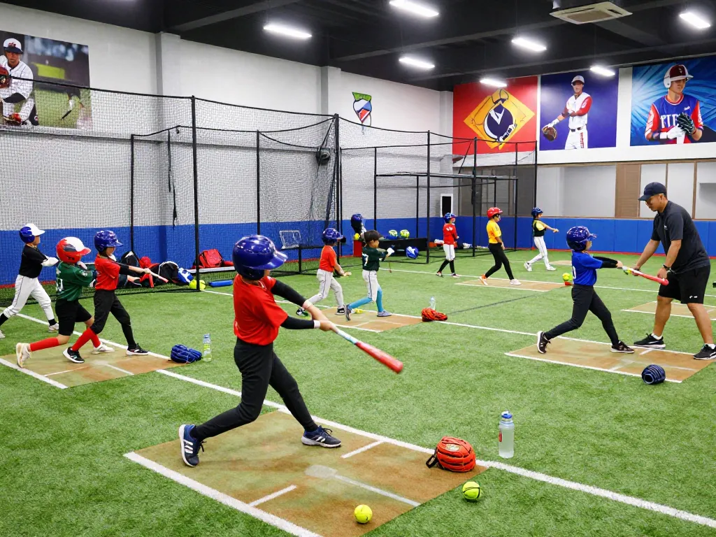 Young athletes at hitclub baseball training session focused on skill development in a vibrant indoor facility.