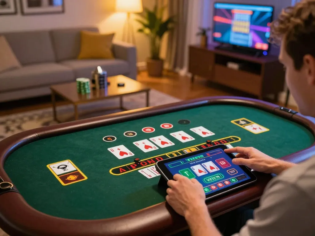 11Win user enjoying a live dealer game on tablet in a cozy home environment, showcasing vibrant gaming interface.
