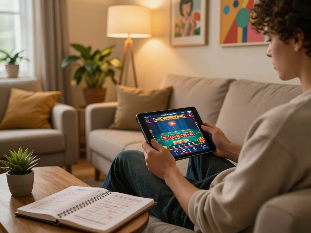 Player engaging with tg88 casino app on tablet in cozy home, showcasing responsible gambling.