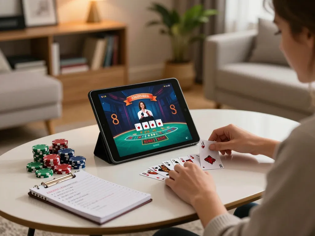 DABET live dealer blackjack gaming at home with strategic notes and casino chips.