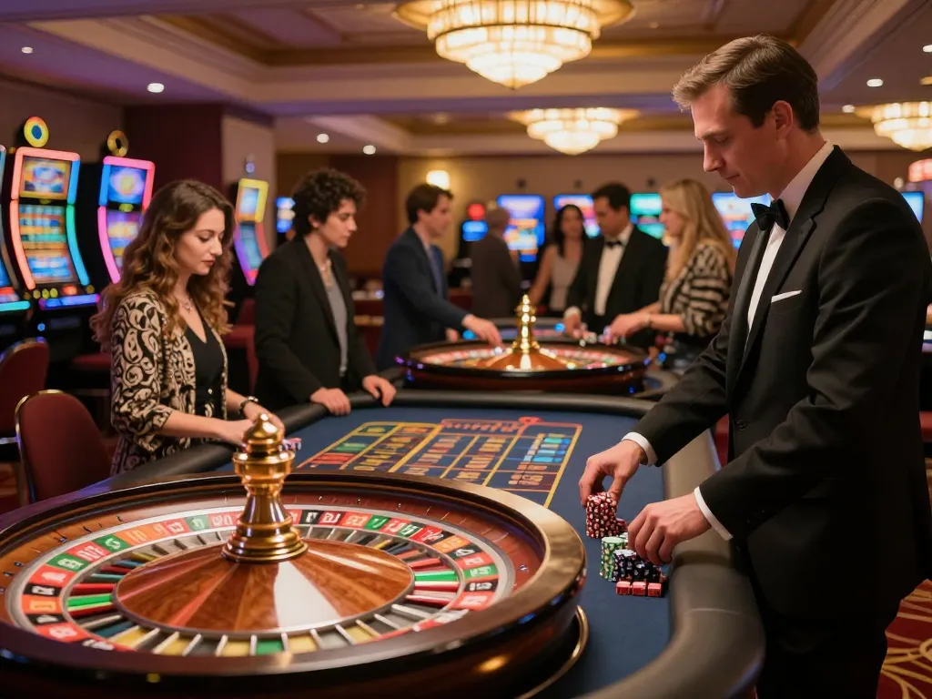 Players engaging in strategic betting at FIVE88 roulette tables on an exciting casino floor