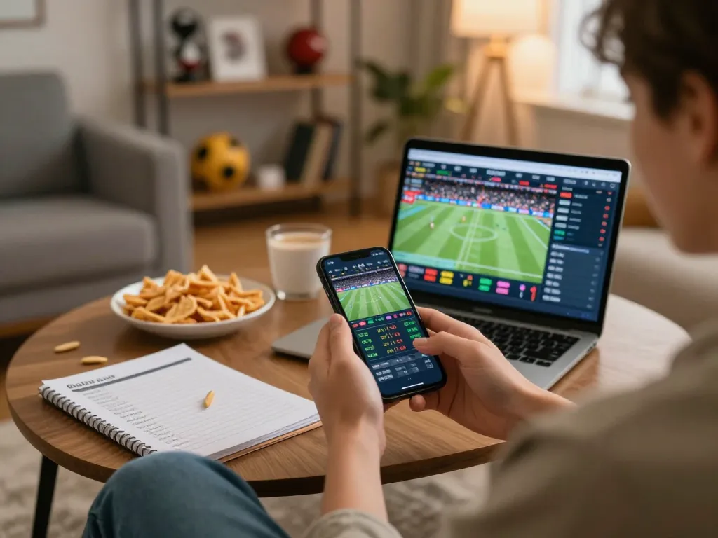 Engaged bettor analyzing live sports odds for net88 on smartphone in a cozy home setting