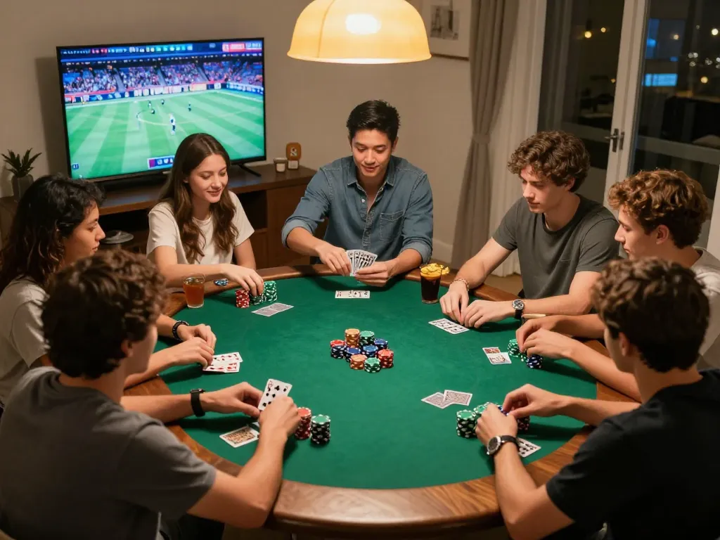 Engaged friends playing poker at home, celebrating wins with FABET branded chips, cozy social atmosphere.