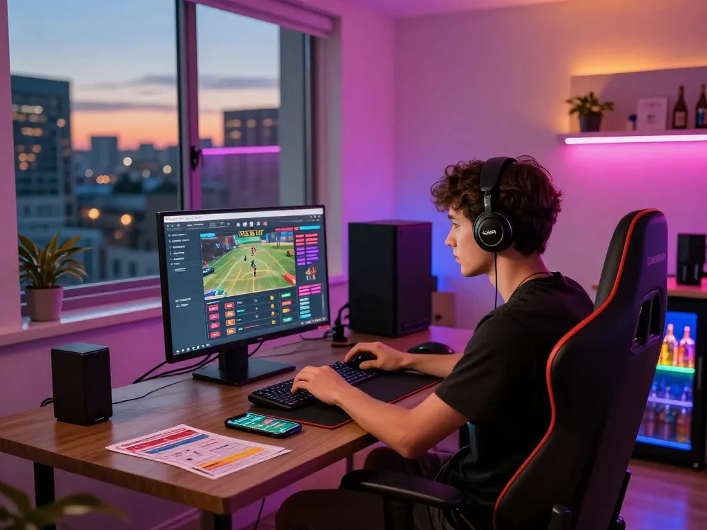 Engaging home betting scene with nhà cái uy tín interface on laptop and vibrant atmosphere