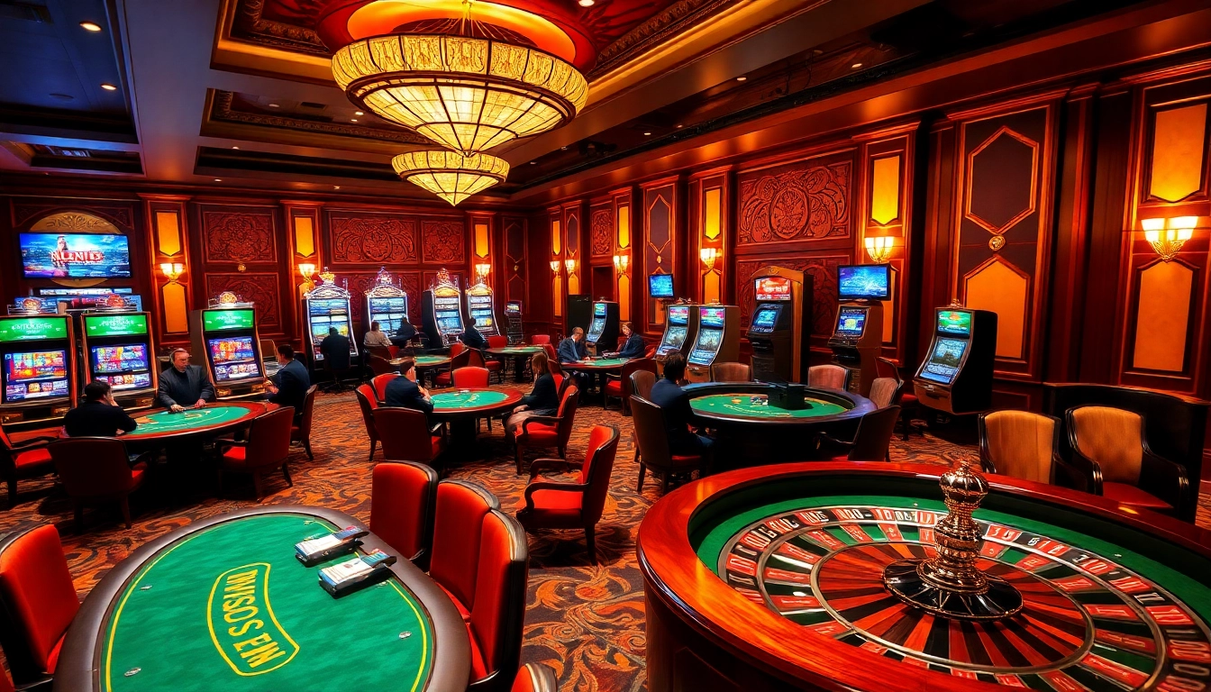 Players enjoying a dynamic gaming experience at LC 88 casino tables with colorful slot machines.