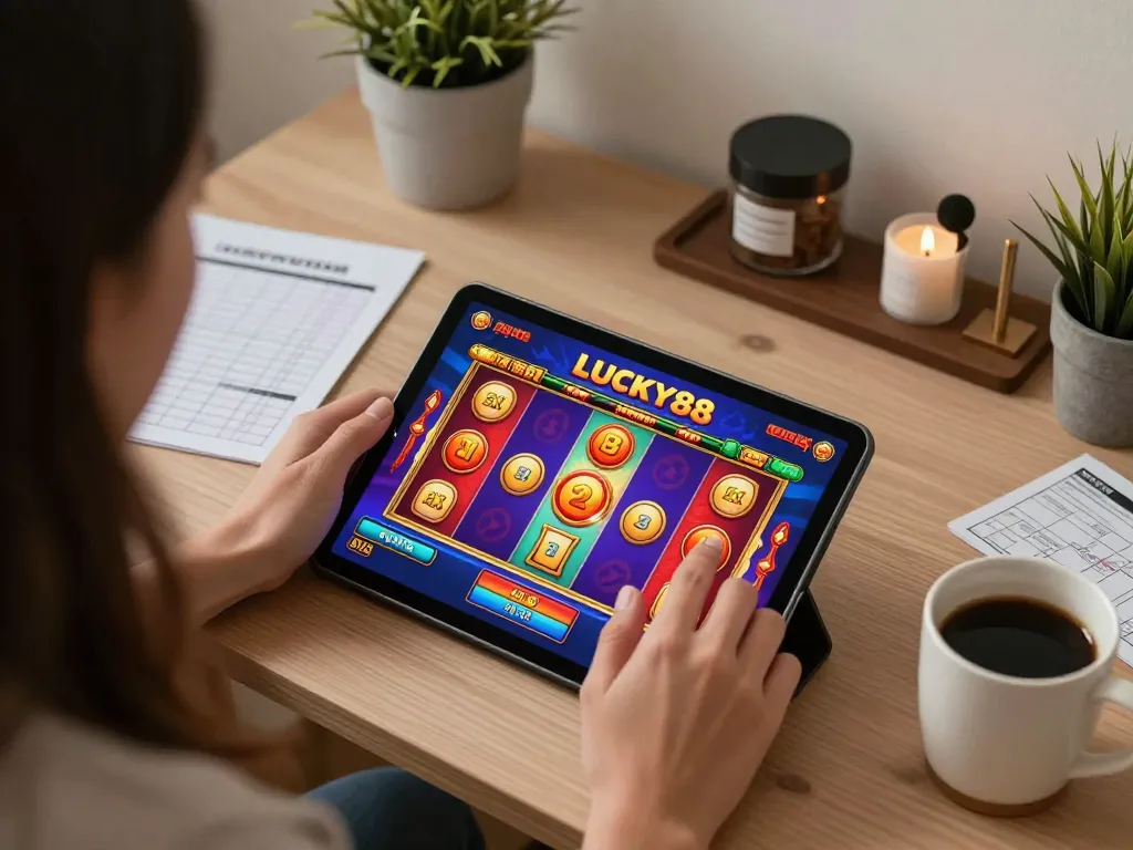 Player engages with LUCKY88 slot game on tablet, cozy home gaming atmosphere, strategic notes on display.