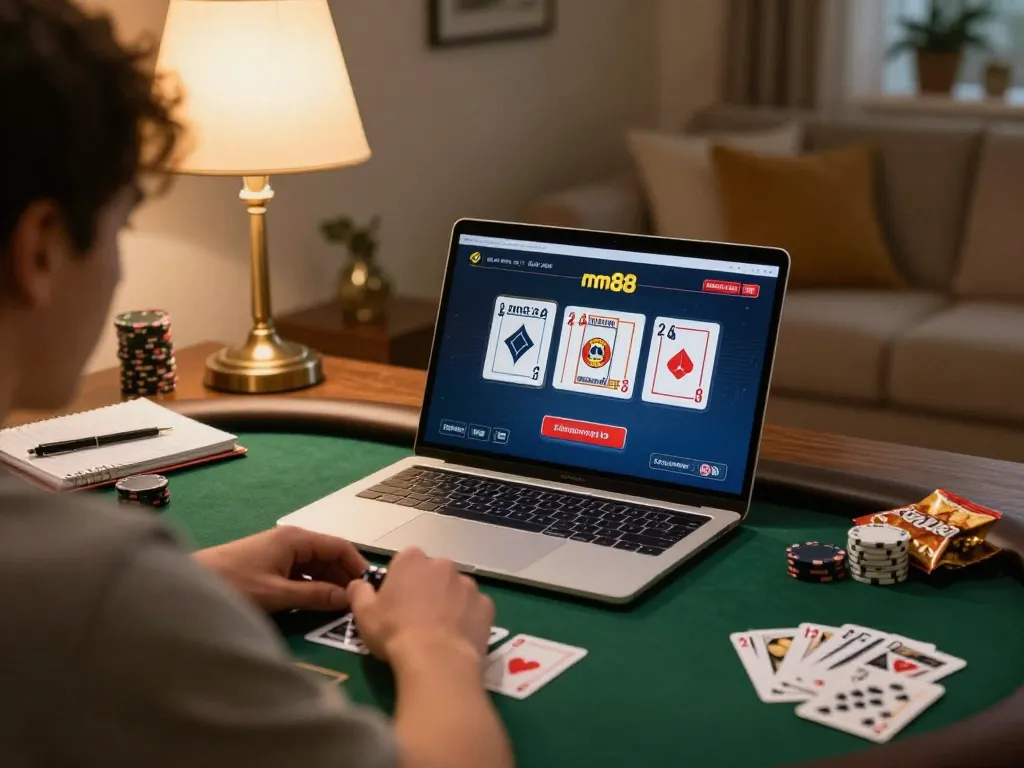 mm88 online poker gameplay in a cozy home setting with strategy notes on the table