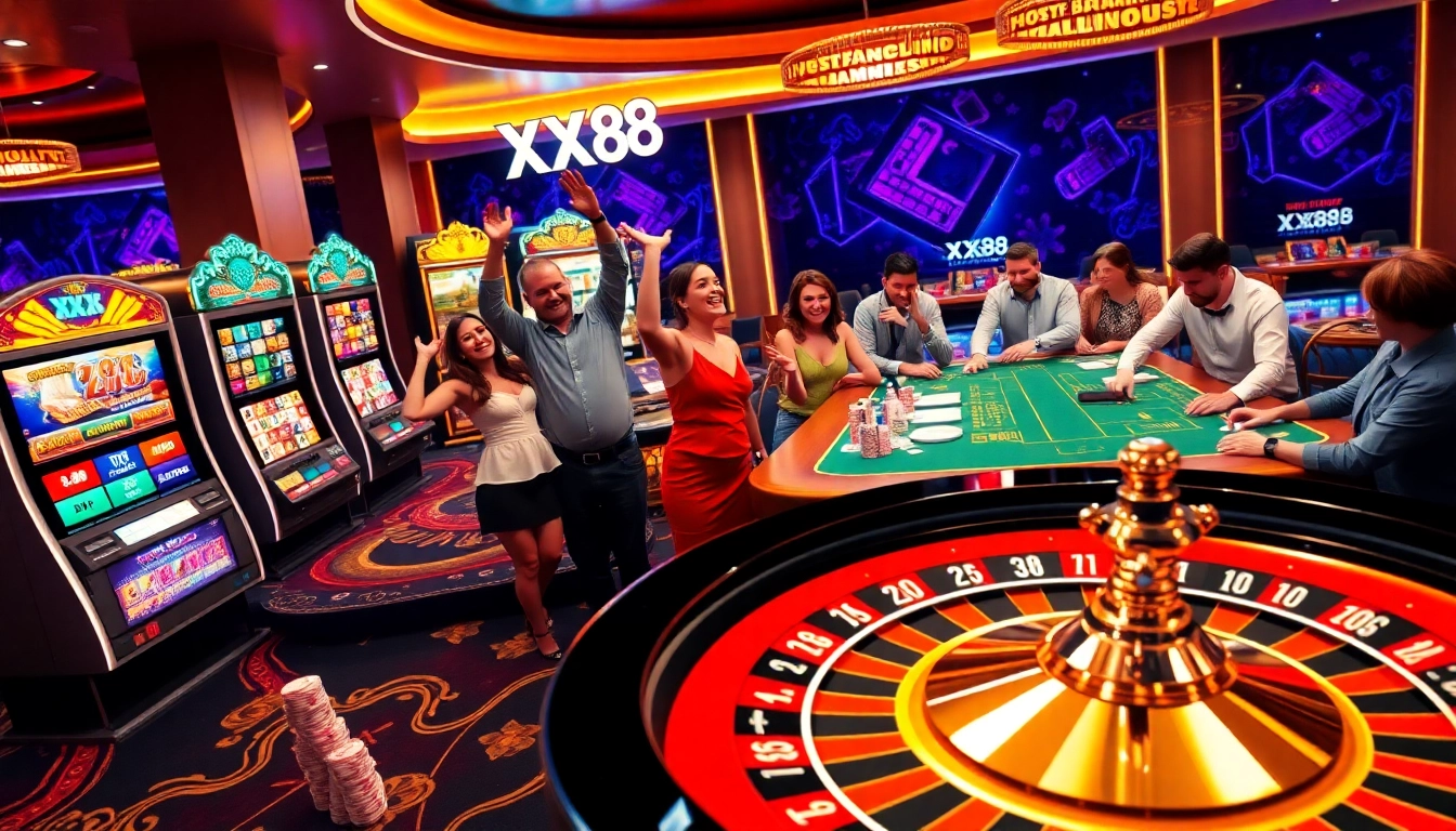 Players celebrate wins at the modern casino interface of XX88, complete with colorful slot machines.