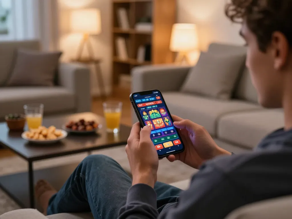 Engaging in mobile gambling on https://lu88y.com/ smartphone with a cozy home setup.