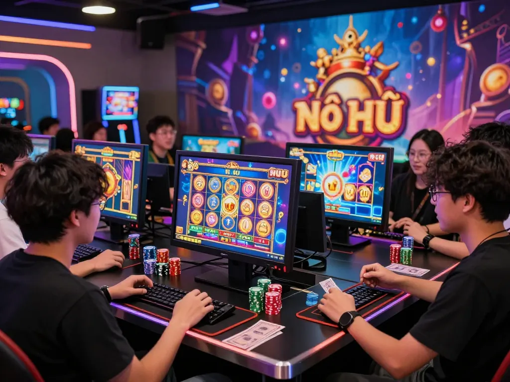 Nổ Hũ players celebrating big wins at a vibrant online gaming terminal in a dynamic gaming atmosphere.