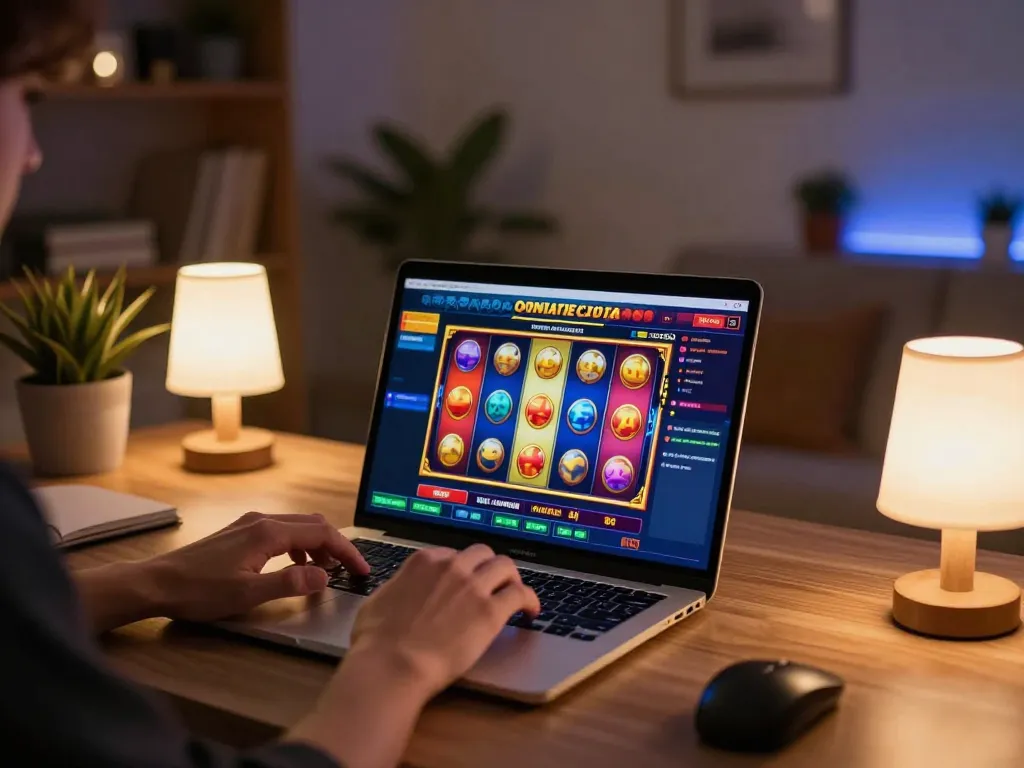 sitting at home playing sx88 vom slot games on a laptop with vibrant interface and warm ambiance