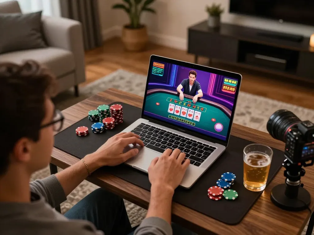 Player engaging in FABET online casino, immersed in live dealer game on laptop, chips and drink on side