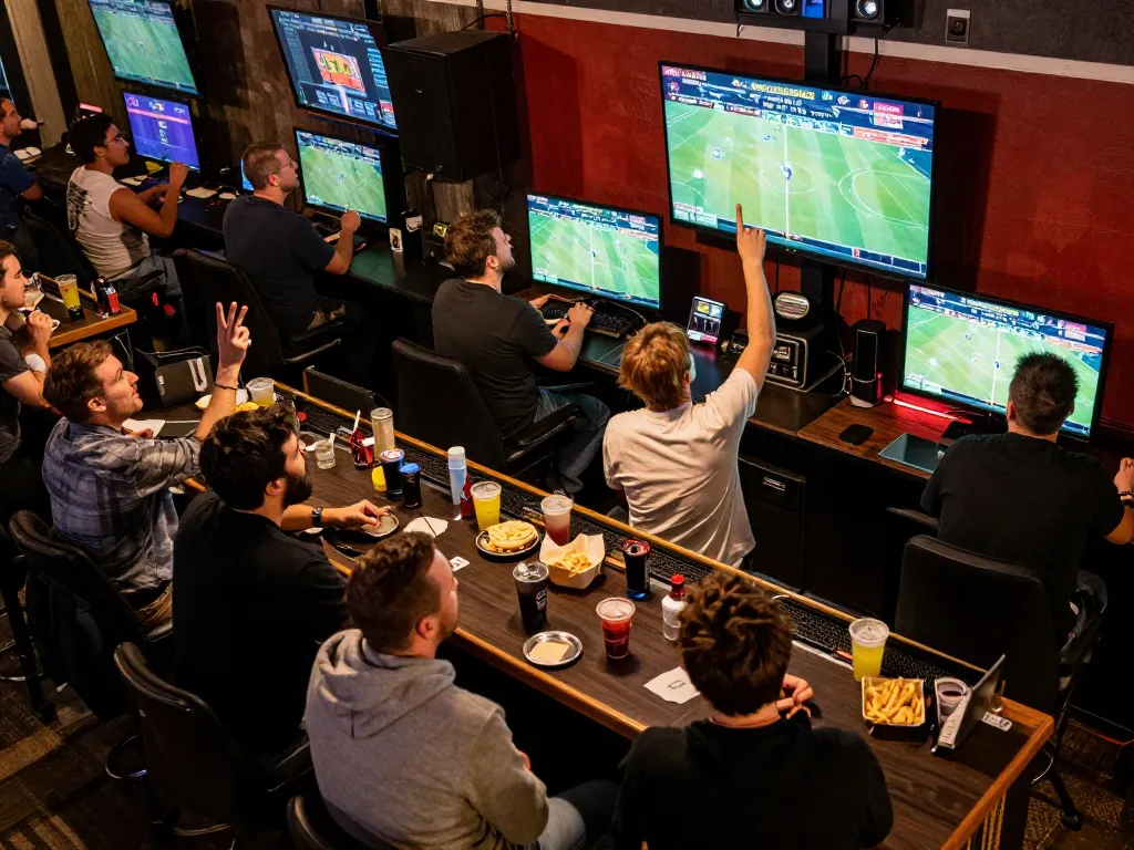 Exciting sports betting scene at https://www.mnm88.com/ with live game displays and engaged spectators.