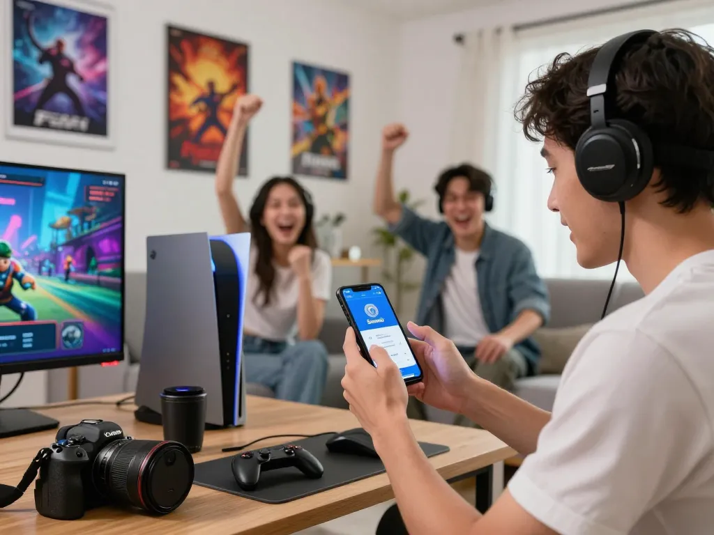 Mobile user tải sun win app in vibrant gaming scene with friends.