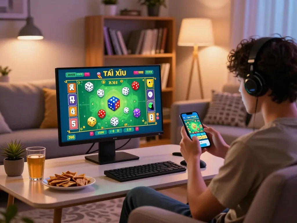 Player engaging with app tài xỉu online on smartphone in cozy living room, creating a vibrant gaming atmosphere