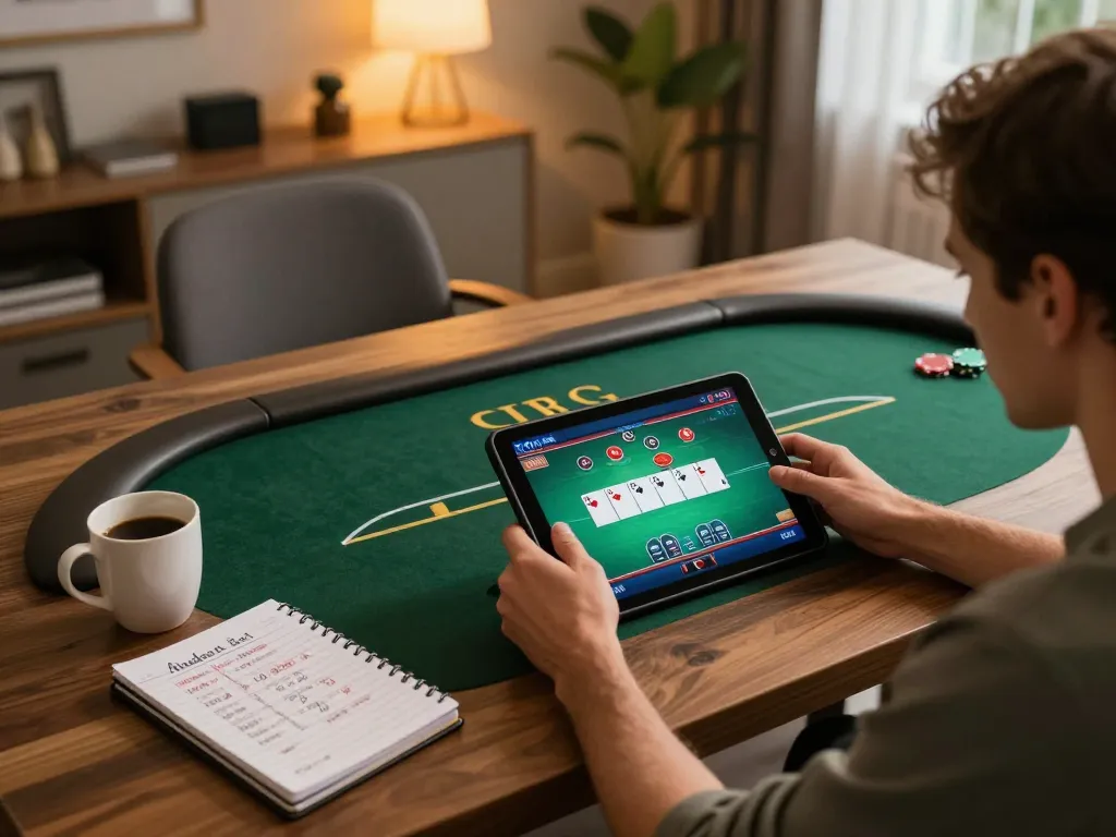 SKY88 player engaging with online poker game, showcasing strategy in modern home setting