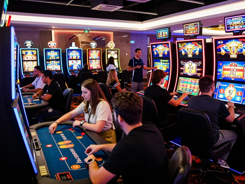 Players enjoying various games at https://bomwin.jp.net/ online casino, vibrant atmosphere.