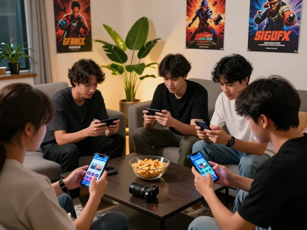 Engaged gamers exploring tải sun win app on smartphones in a cozy living room.
