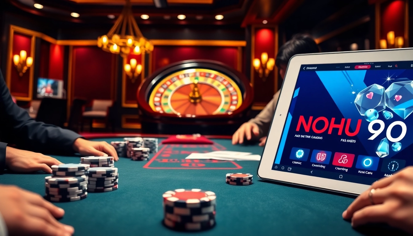 Players enjoying poker at NOHU90 casino with luxury decor and excitement.