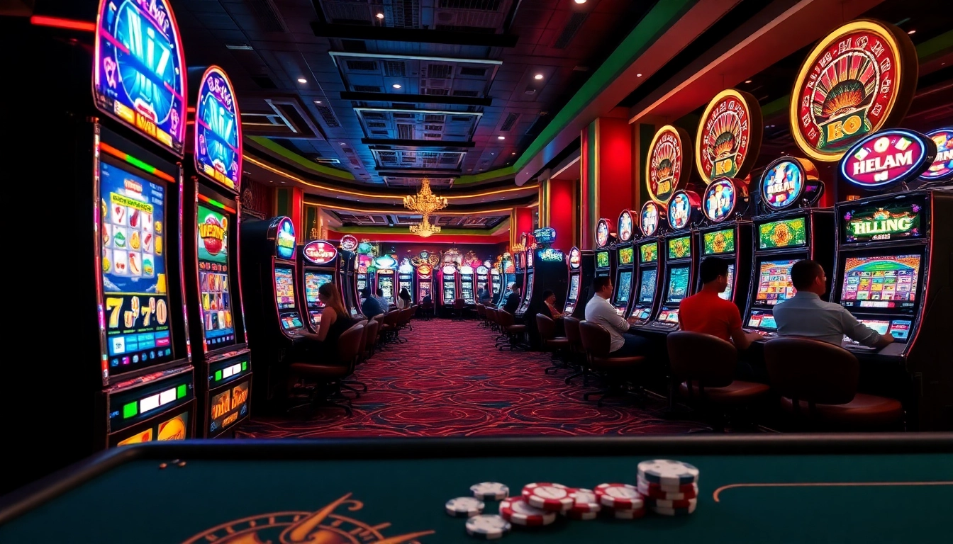 Players enjoying thrilling nổ hũ slot machines in a vibrant casino atmosphere.