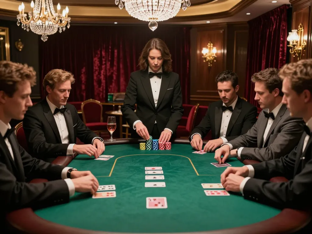 Vin88 players strategizing over high-stakes poker at a luxurious VIP table in a sophisticated casino