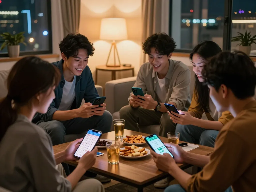 Friends enjoying lô đề online gaming with smartphones in a cozy living room.