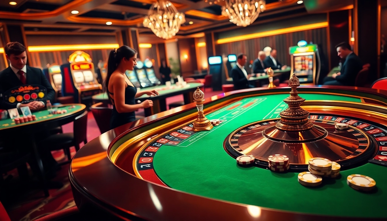 Experience the excitement of FC88 with a luxurious casino roulette table and vibrant gaming atmosphere.