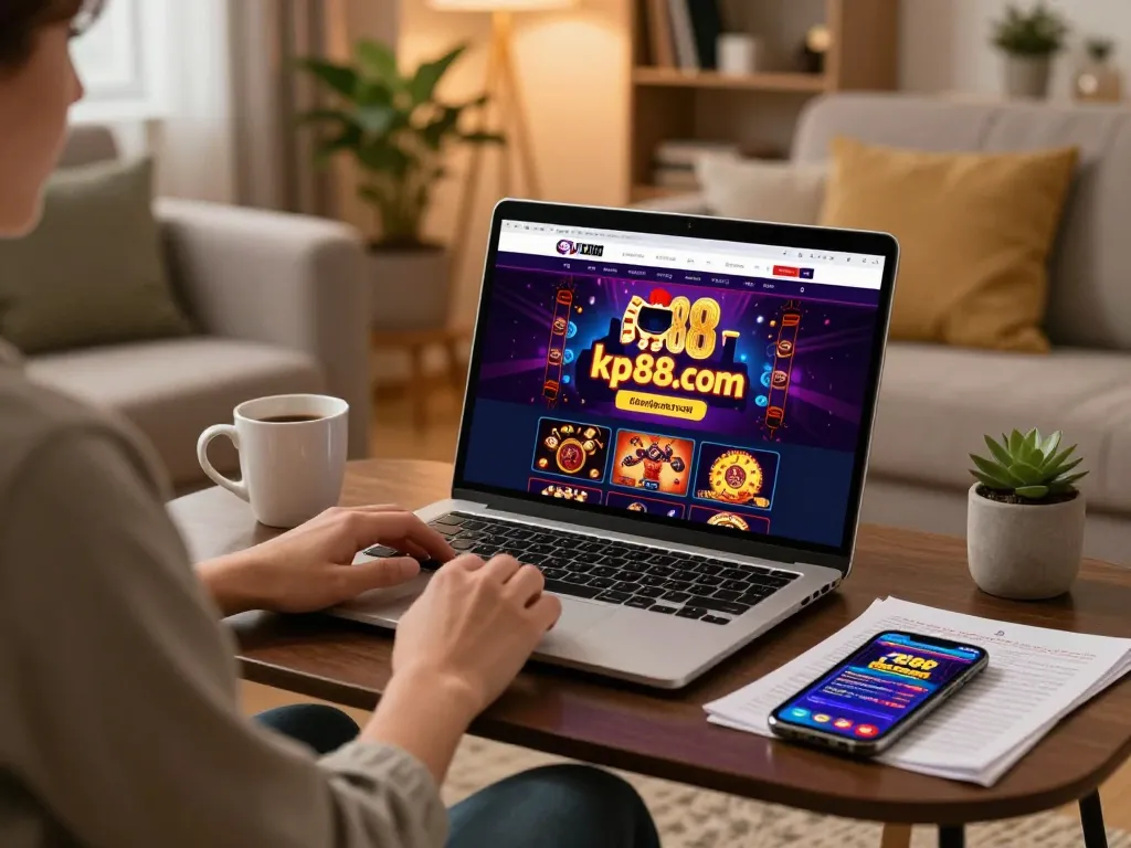 Engaging online gaming setup showcasing kp88.com on laptop, emphasizing responsible gambling practices.