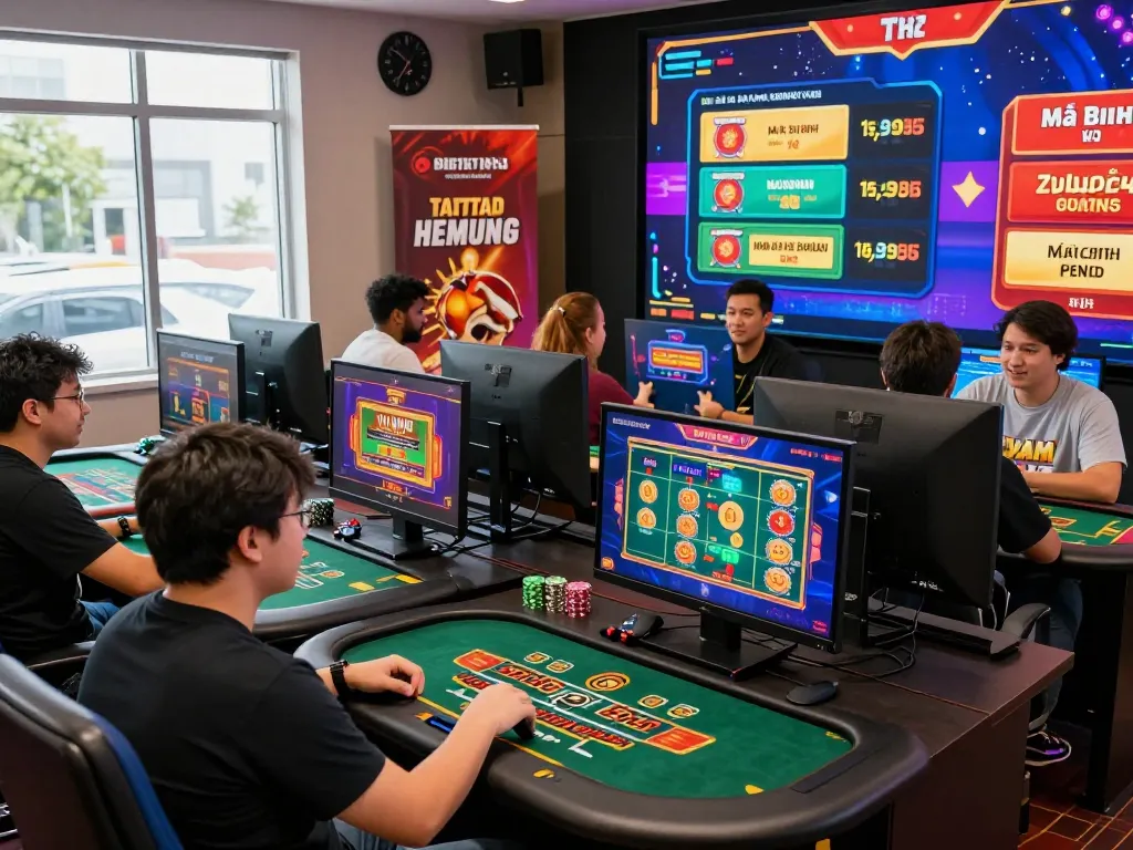 Engaging gaming experience at Onbet, showing players actively enjoying link vào onbet casino games in a lively and bright setting.