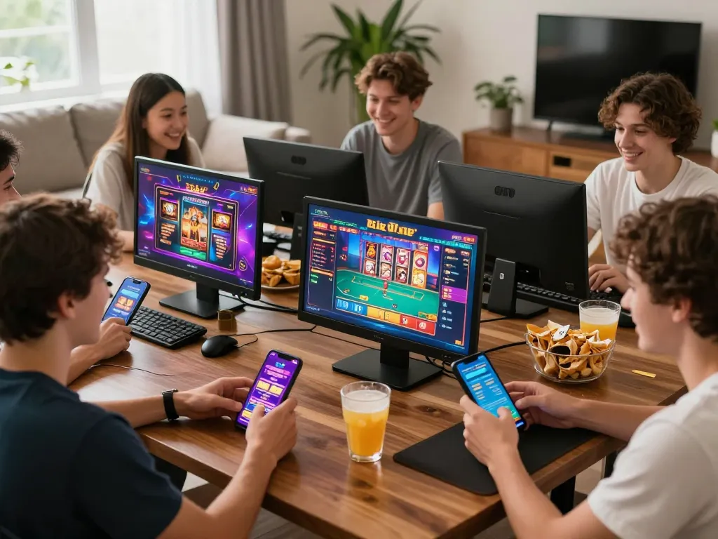 Players enjoying thrilling games at rikvip in a colorful gaming setup.
