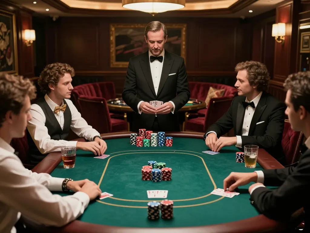 DA88 high-stakes poker game in an upscale casino with players and chips visible.