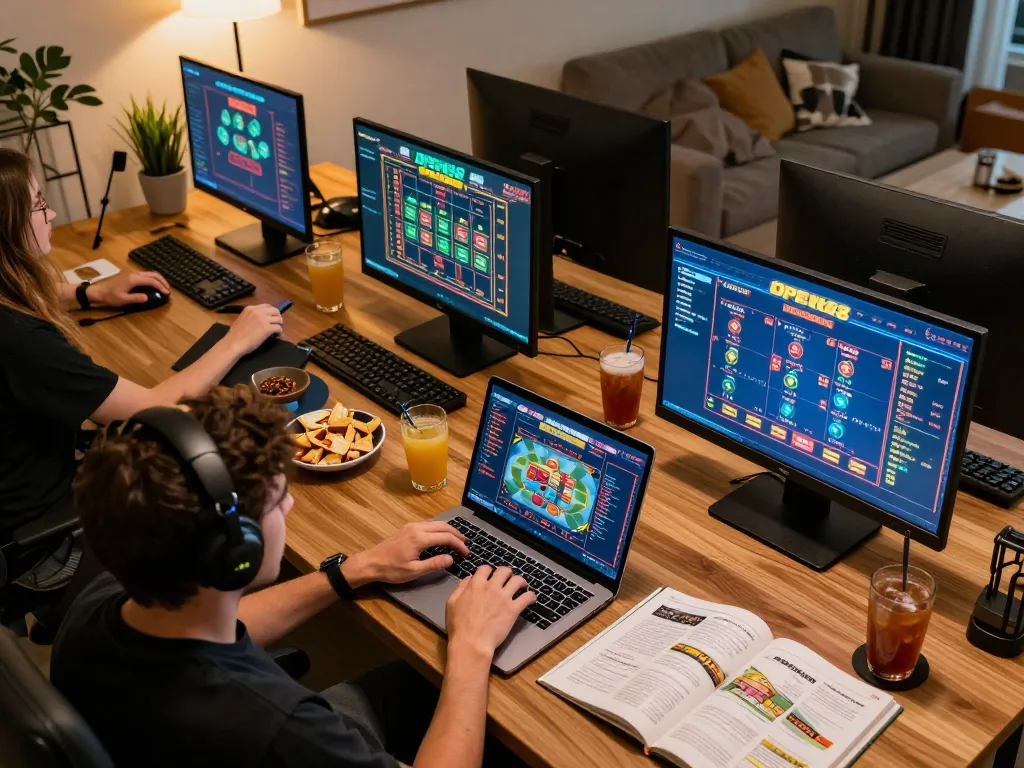 Engaging online gaming session at home with OPEN88 casino interface visible on screens.