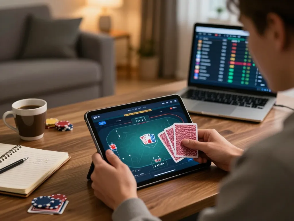 Engaged player using tablet for online poker at home, focusing on FIVE88 gaming strategy and bankroll management.