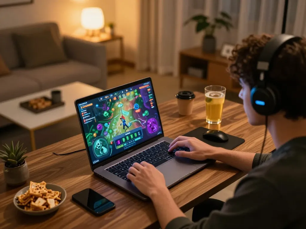 Playing sam86 on a laptop in a cozy home office, engaging in online gambling activities