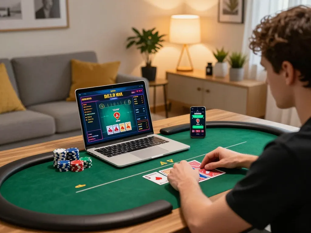 Engaging with online poker and link max88 app during a cozy home gaming session